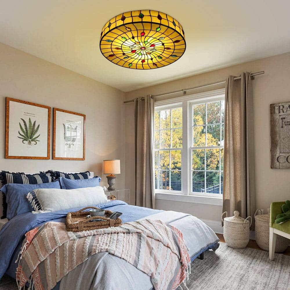 18 in. 3-Light Beige Retro Flush Mount Ceiling Light with Multicolored Glass Shade and No Bulbs Included - Hercitys