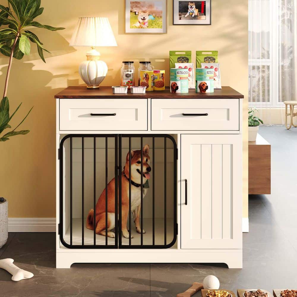 37.4 in. White 2-Drawer Wood and Iron Pantry Cabinet with Dog Crate, Sideboard Indoor Dog Kennel with Storage Cabinet - Hercitys