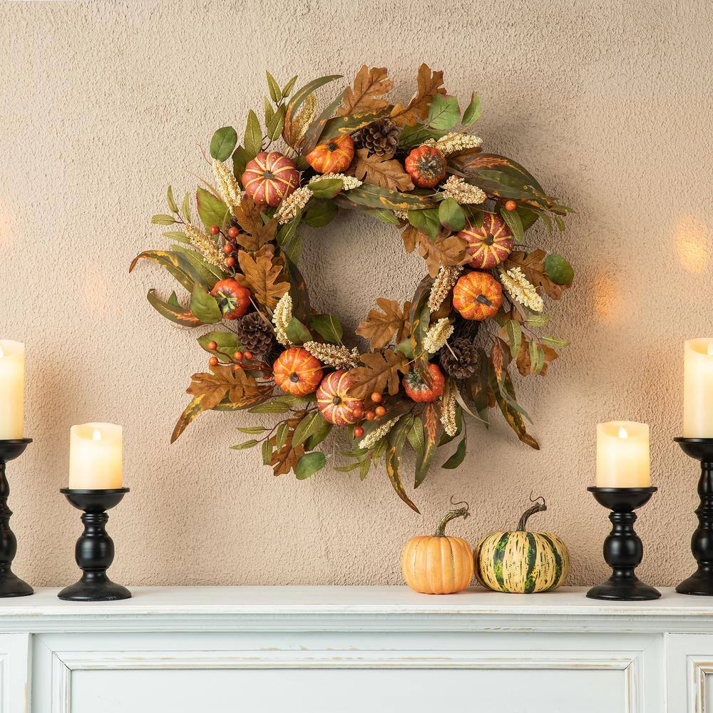 24 in. D Fall Unlit Pumpkin Leaf Floral Wreath - Hercitys