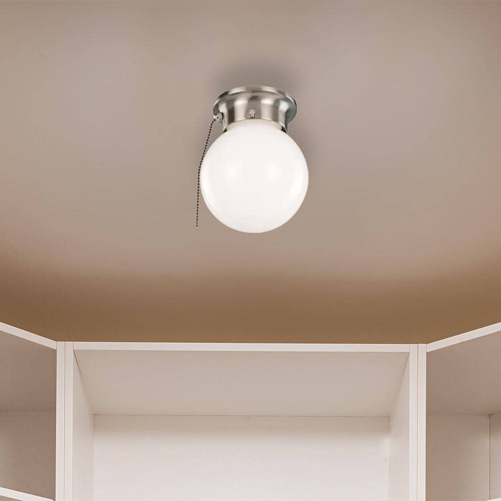 1-Light Satin Nickel Ceiling Light with Opal Glass and Pull Chain - Hercitys
