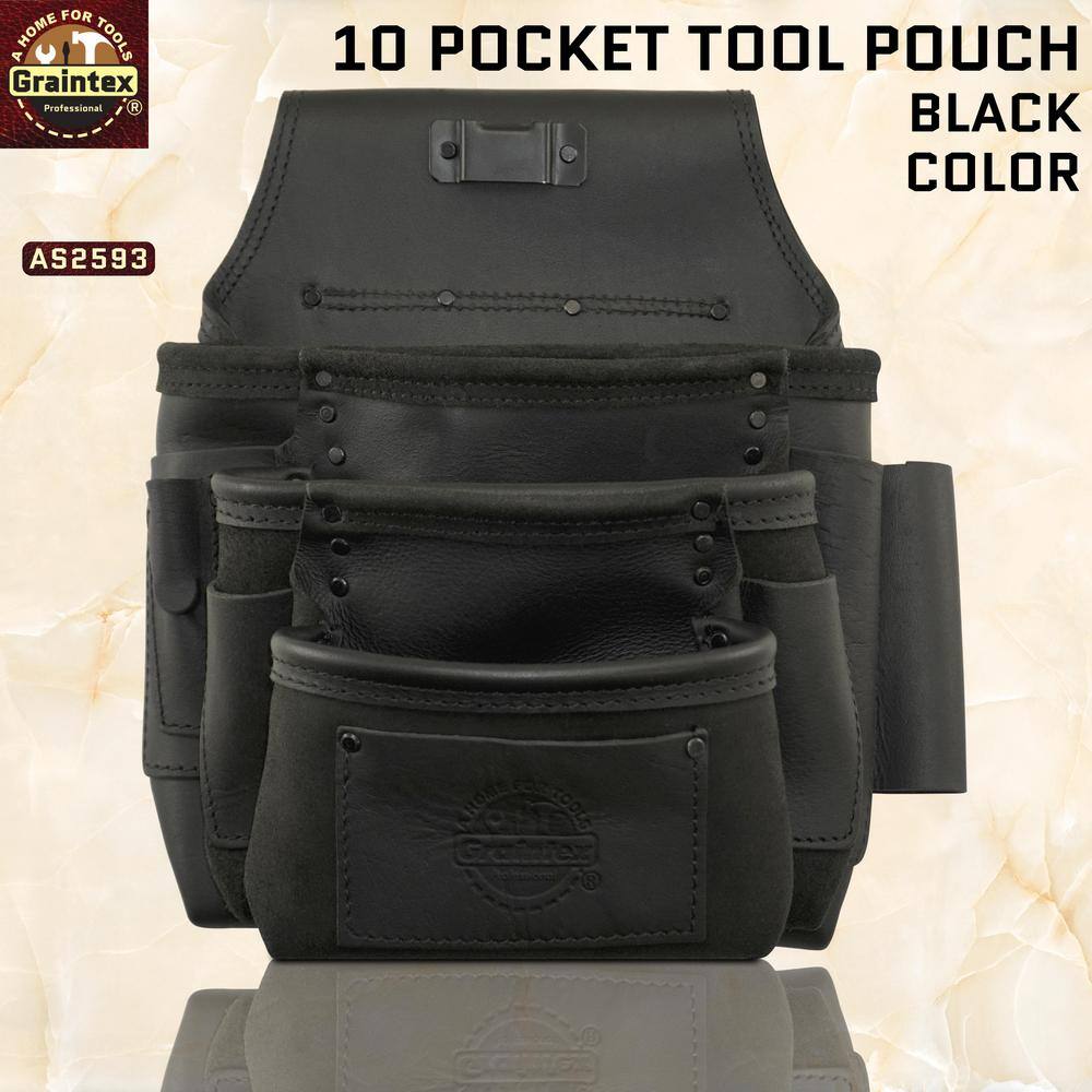 10-Pocket Black Ambassador Series Top Grain Leather Nail and Tool Pouch - Hercitys