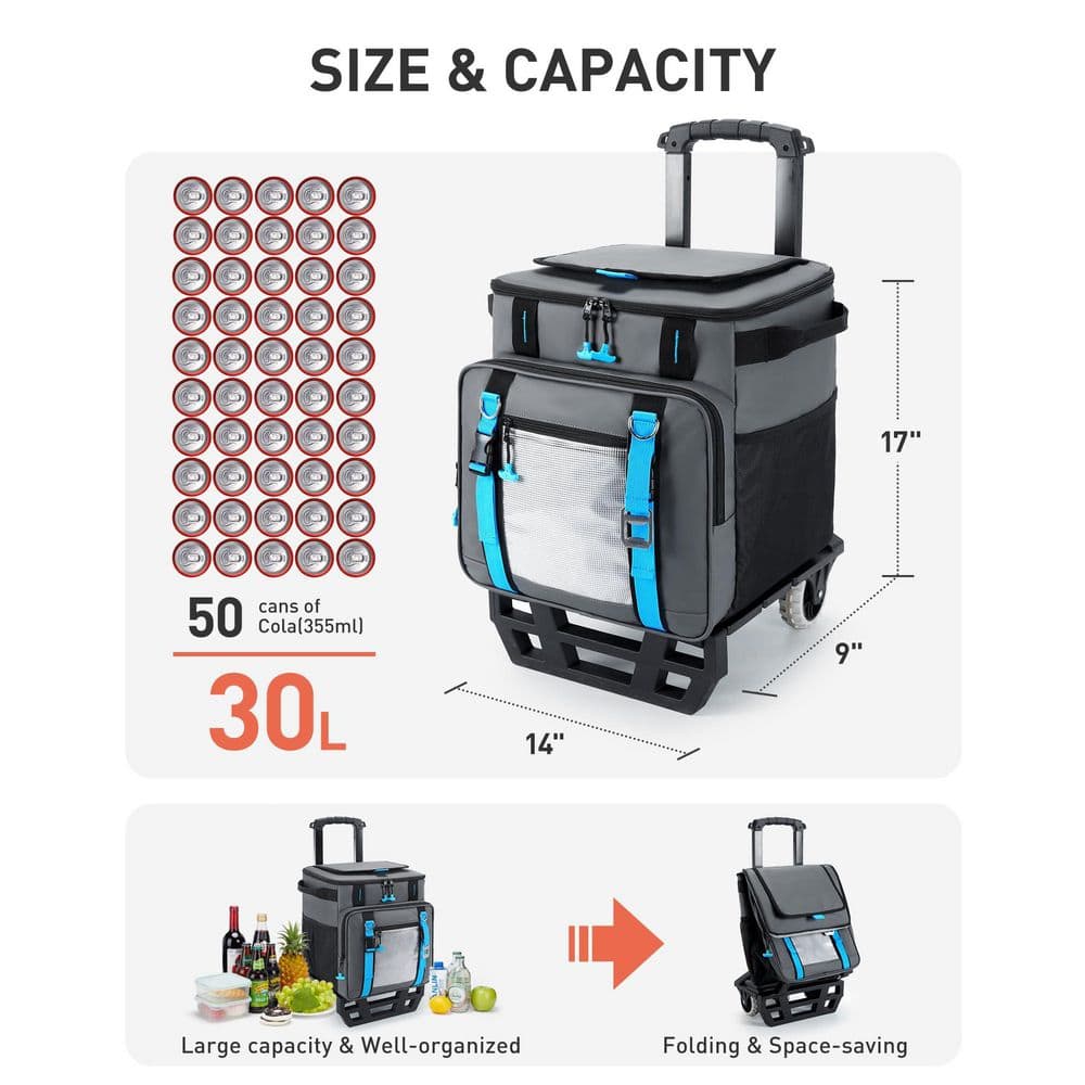 31 qt. Soft-Side Cooler with Wheels 16-Hrs Ice Retention Rolling Cooler with PU-Coated Waterproof Soft Cooler Bag - Hercitys