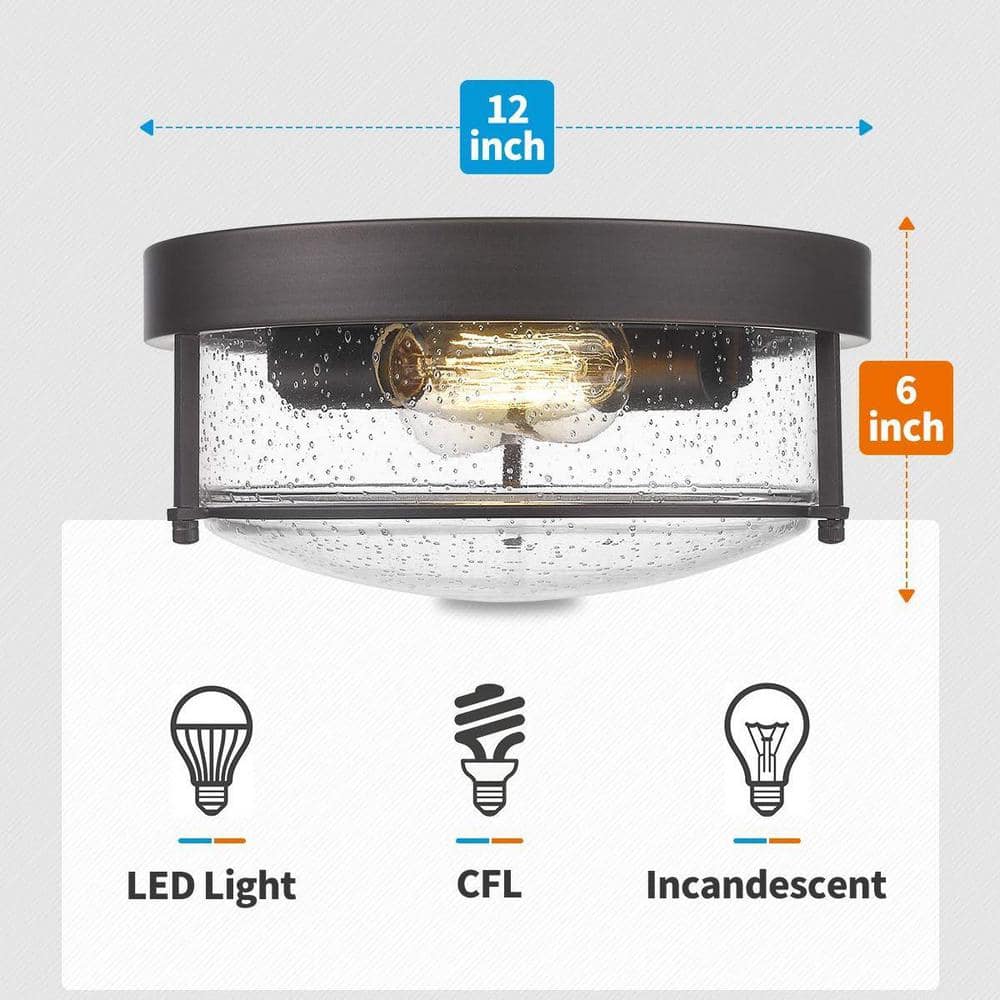 12 in. 2-Light Oil Rubbed Bronze Finish With Seeded Glass Shade Ceiling Flush Mount Light Fixture - Hercitys