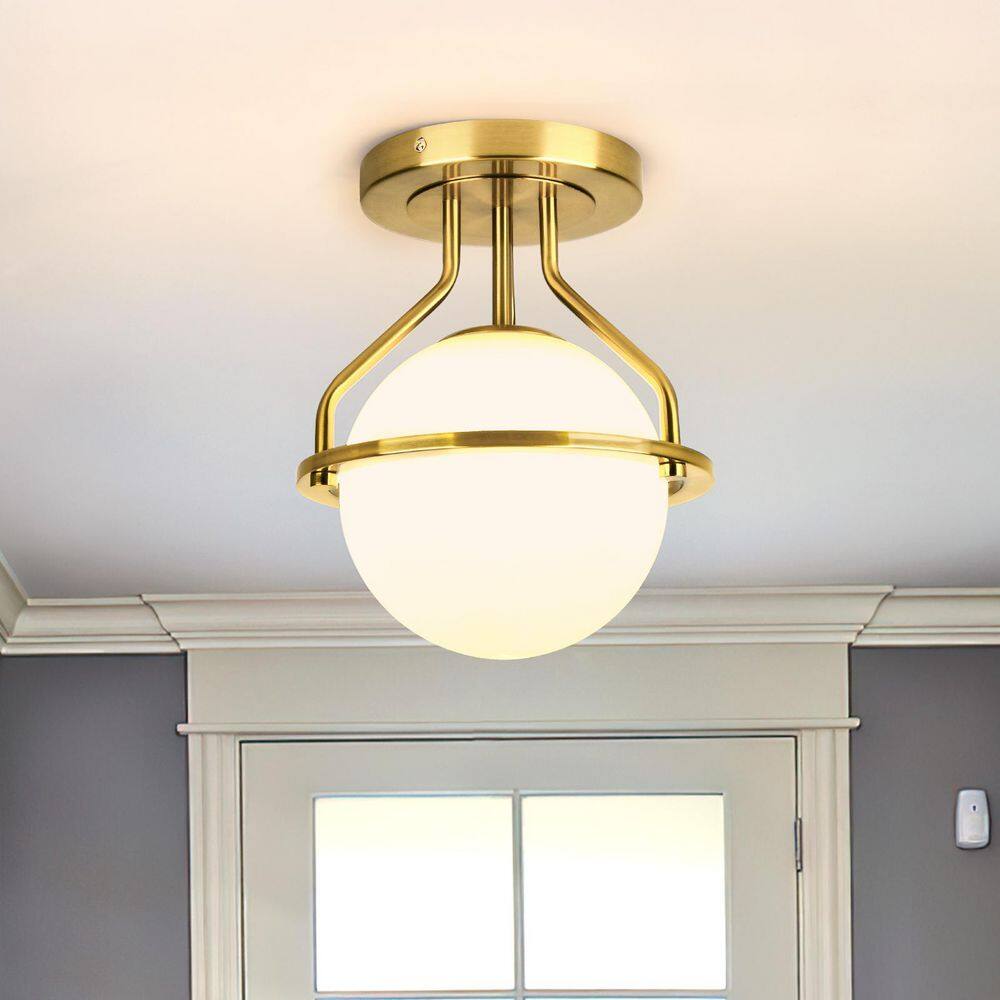 10 in. 1-Light Gold Semi-Flush Mount Ceiling Light Fixture with Milky Glass Globe Shade - Hercitys