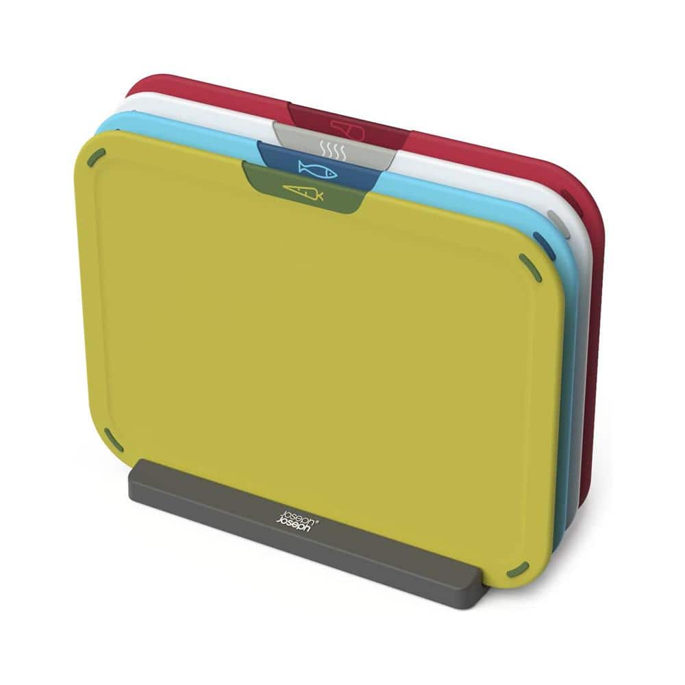 4-Piece Color Coded Polypropylene Cutting Board Set with Storage Stand for Meat, Fish, Veggies and Cooked Foods - Hercitys