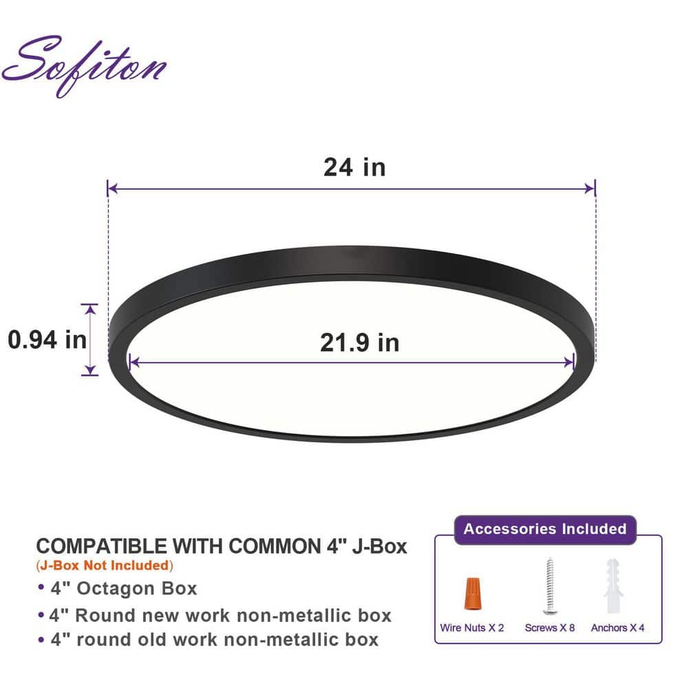 24 in. 48-Watt 3050 Lumens Black Integrated LED Flat Panel Light Flush Mount Ceiling Light with 5CCT Selectable - Hercitys