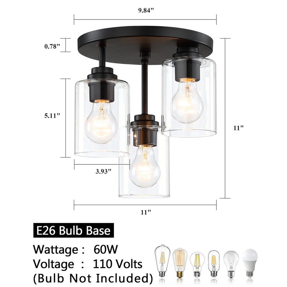 11 in. 3-Light Modern Black Flush Mount Ceiling Light with Clear Glass Shades - Hercitys