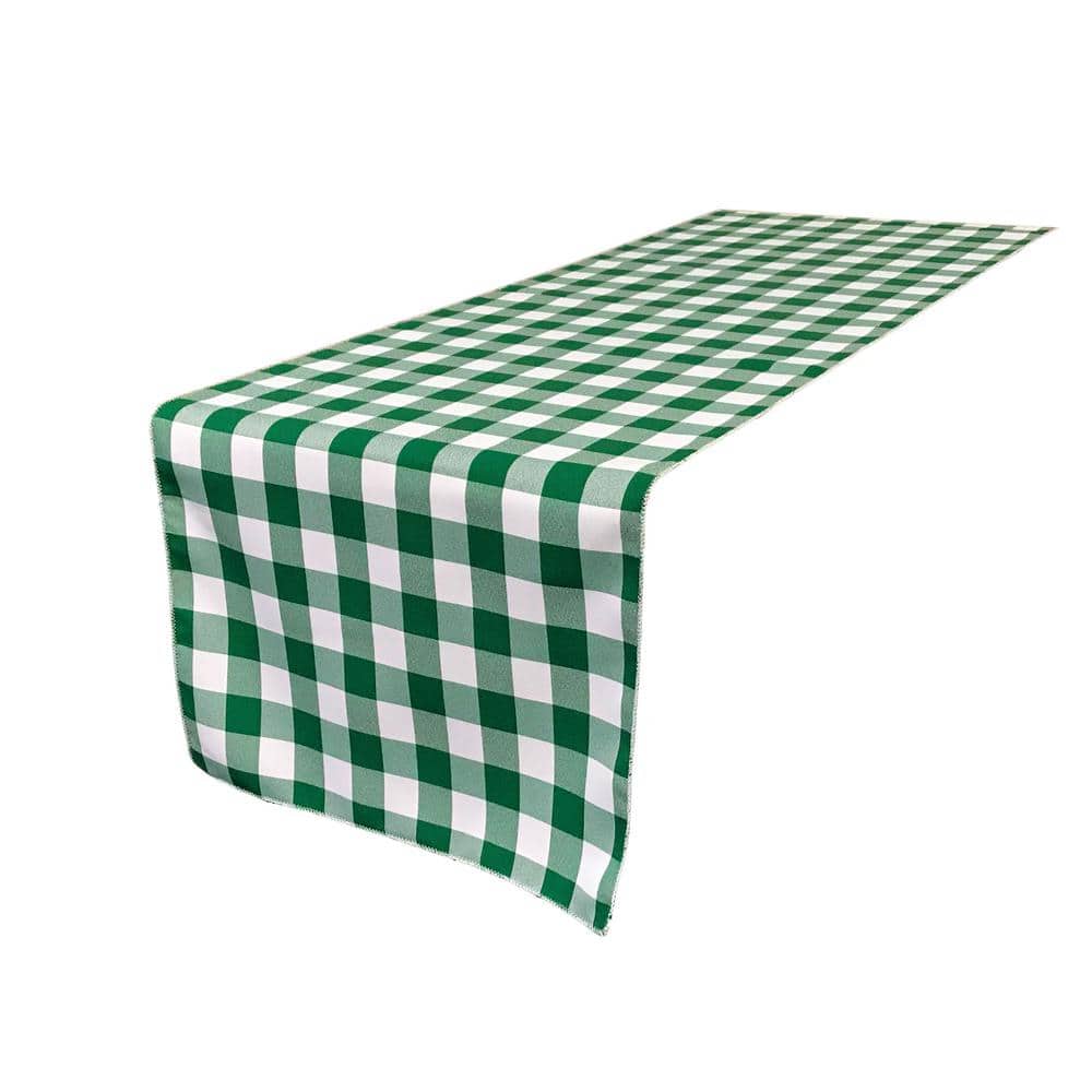 14 in. x 108 in. White and Hunter Green Table Runner Polyester Gingham Checkered - Hercitys