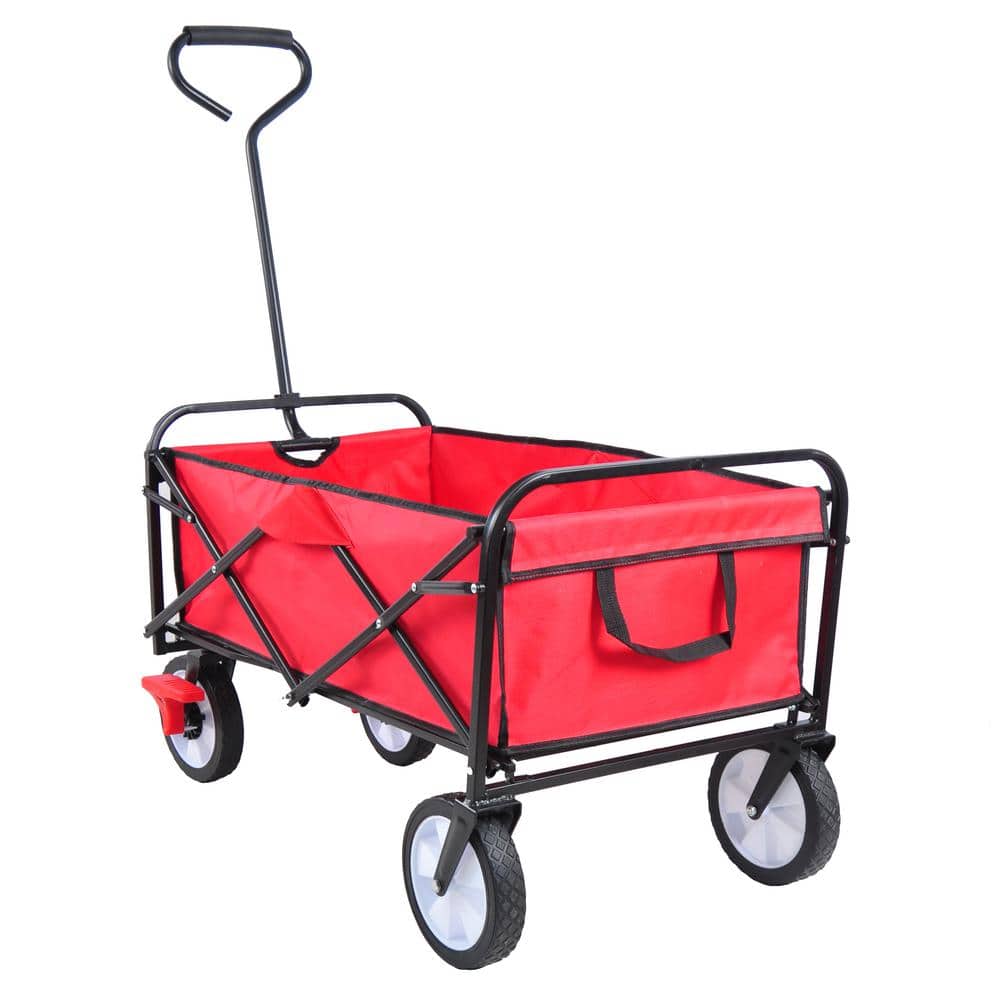 4 Cu. Ft. Red Fabric and Steel Frame Outdoor Folding Utility Wagon Garden Cart with Brakes - Hercitys
