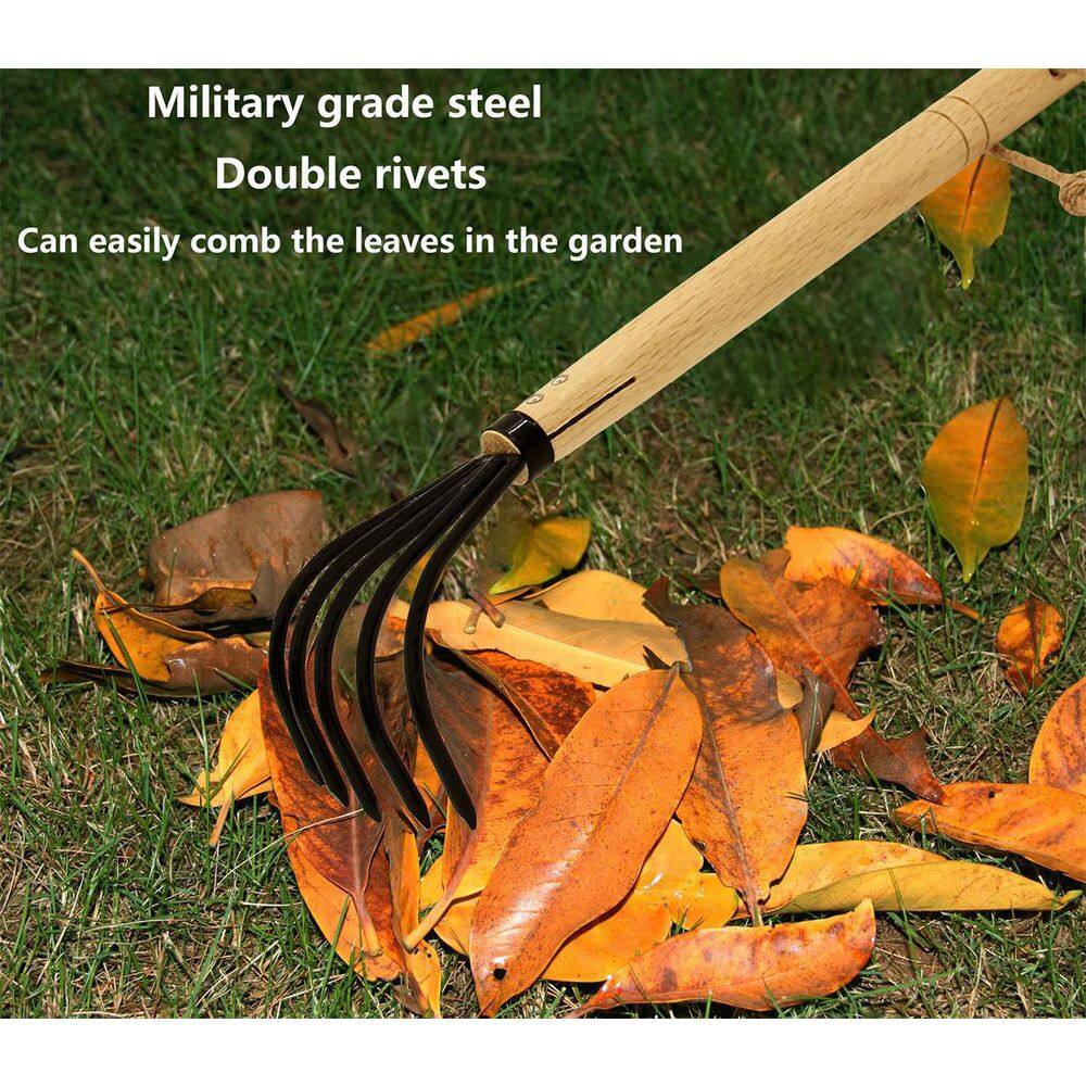 15.7 in. 5-Tine Military Grade Steel Hand Cultivator with Ergonomic Wooden Handle - Hercitys