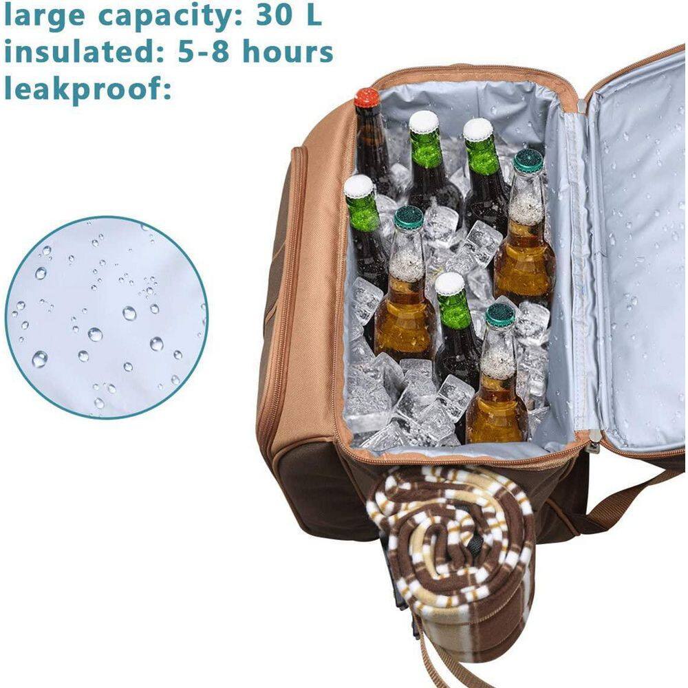 12 in. Blasting Brown Picnic Backpack-2 Insulation Cooler, Wine Rack, Wool Blanket - Hercitys