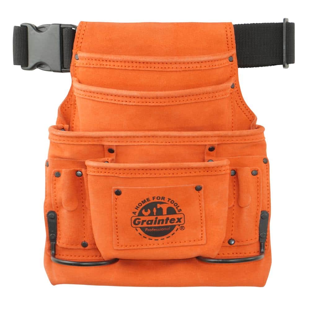 10-Pocket Nail and Tool Pouch with Belt Orange Suede Leather w/2 Hammer Holders - Hercitys