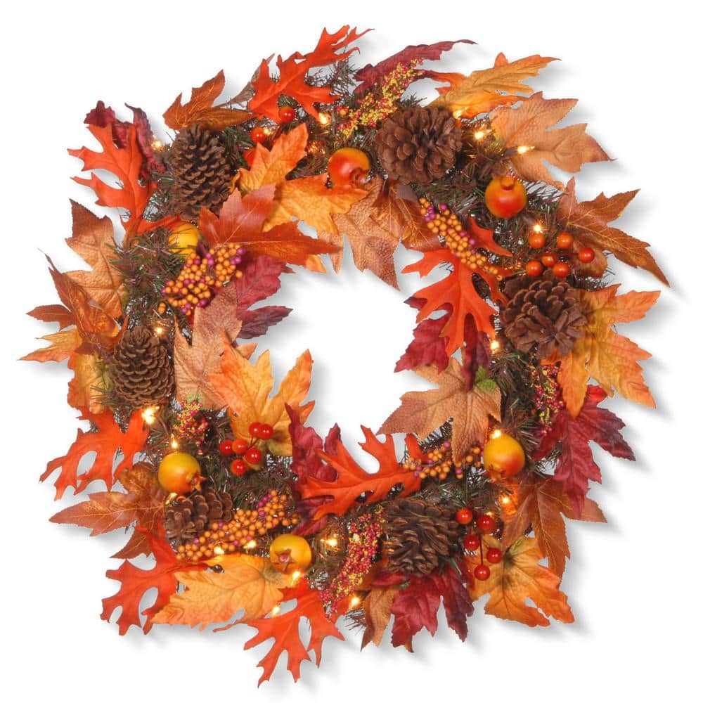 24 in. Artificial Maple Wreath with Clear Lights - Hercitys