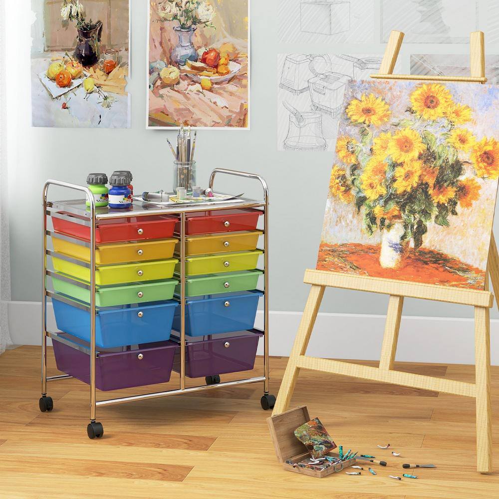 12-Drawers Plastic Rolling Storage Cart with Organizer Top in MultiColor - Hercitys