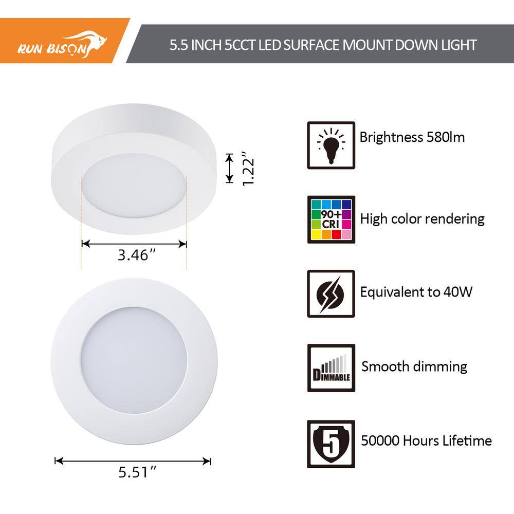 2-Pack 5.5 in. Round Color White Selectable Integrated LED Flush Mount Downlight - Hercitys