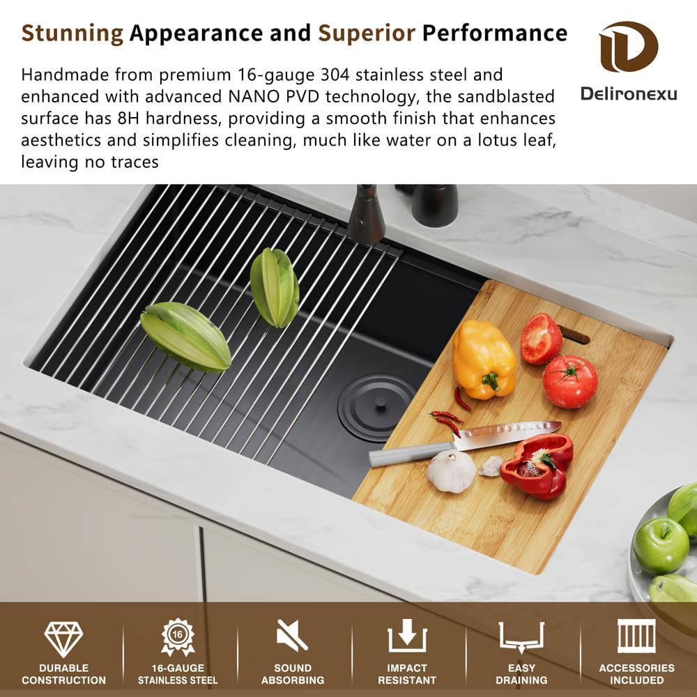 32 in. Gunmetal Black Undermount Workstation Sink, 16 Gauge Stainless Steel Single Bowl Kitchen Sink with Accessories - Hercitys