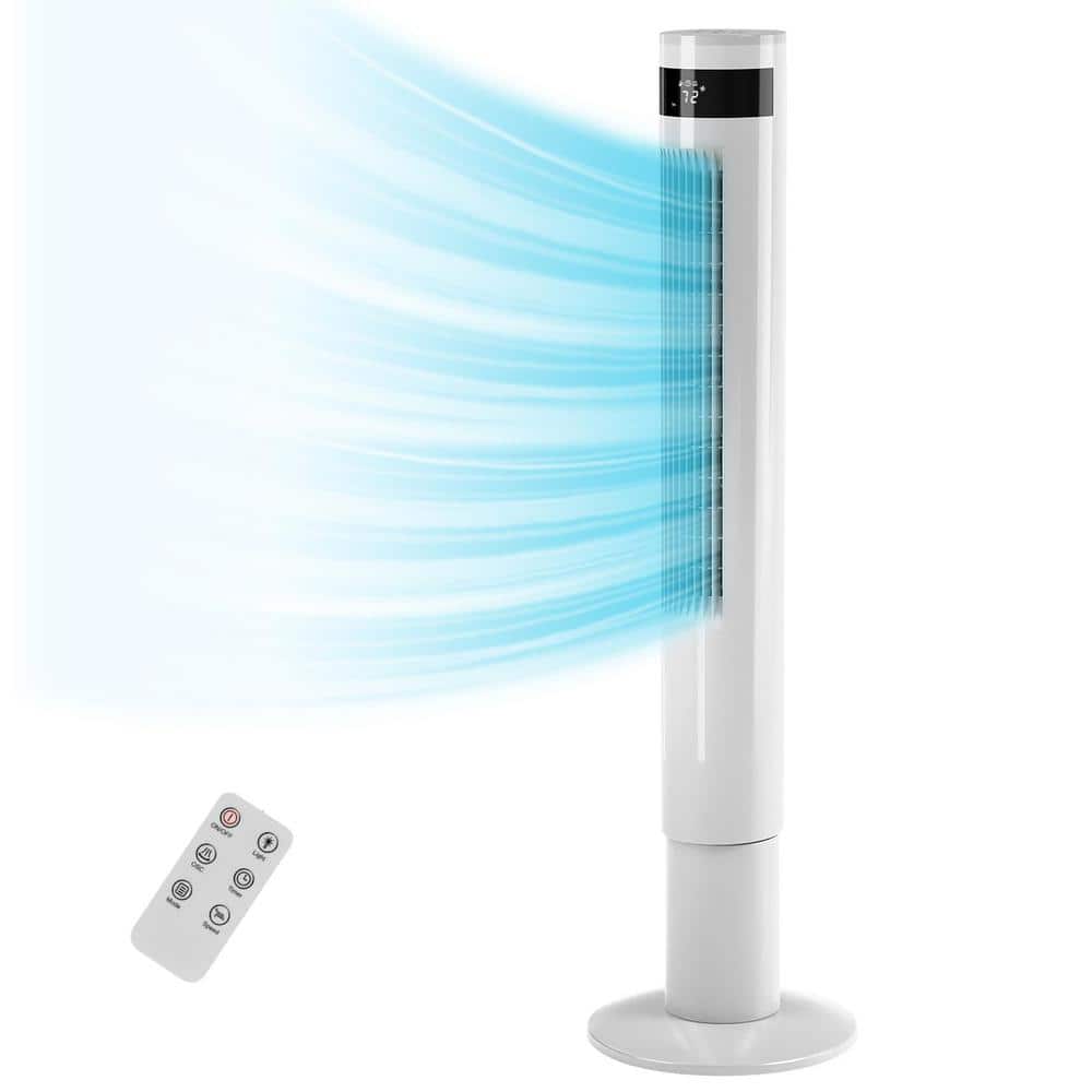 11.81 in. Portable Tower Fan 3 Speeds Wind Modes Remote Control Standing Bladeless Floor Fans 43 in. Tall in White - Hercitys