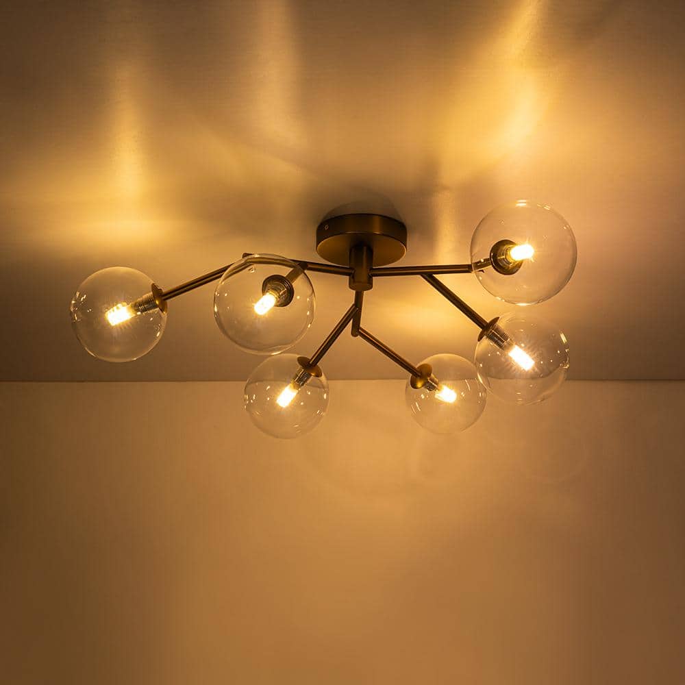 28.74 in. 6-Light Brushed Gold Mid-Century Modern Branch Bubble Globe Semi-Flush Mount Chandelier with Clear Glass Shade - Hercitys