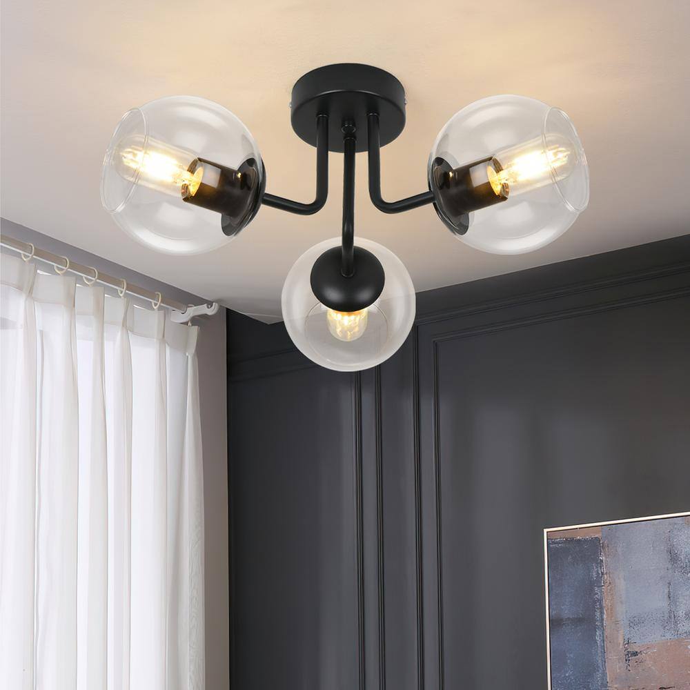 18.11 in. 3-Light Modern/Contemporary Black Semi-Flush Mount Ceiling Light with Spherical Glass Shade - Hercitys