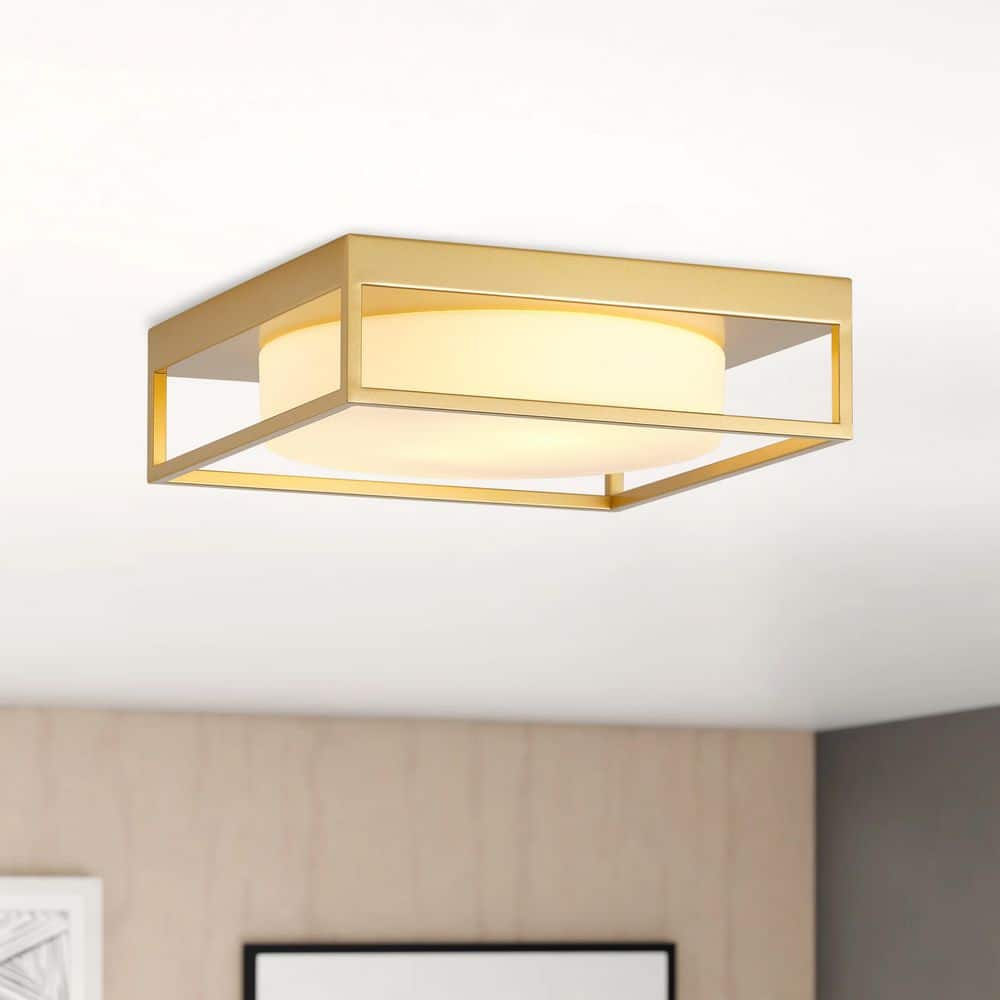 13 in. 2-Light Industrial Gold Flush Mount Farmhouse Close to Ceiling Light Fixture with White Glass Shade - Hercitys