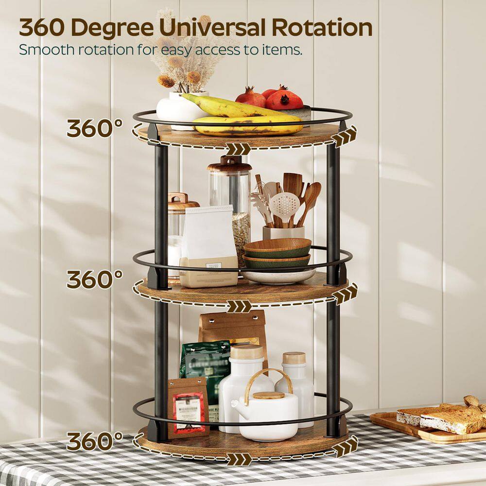 3-Tier Lazy Susan Organizer, Brown and Black Rotating Spice Rack, Spinning Organizer, Industrial Turntable Spice Rack - Hercitys