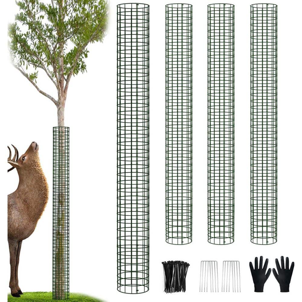 13 in. x 48 in. Green Metal Tree Ring Kit, Expandable Tree Trunk Protector with Zip Ties, Stakes for Deer, Mower(4-Pack) - Hercitys