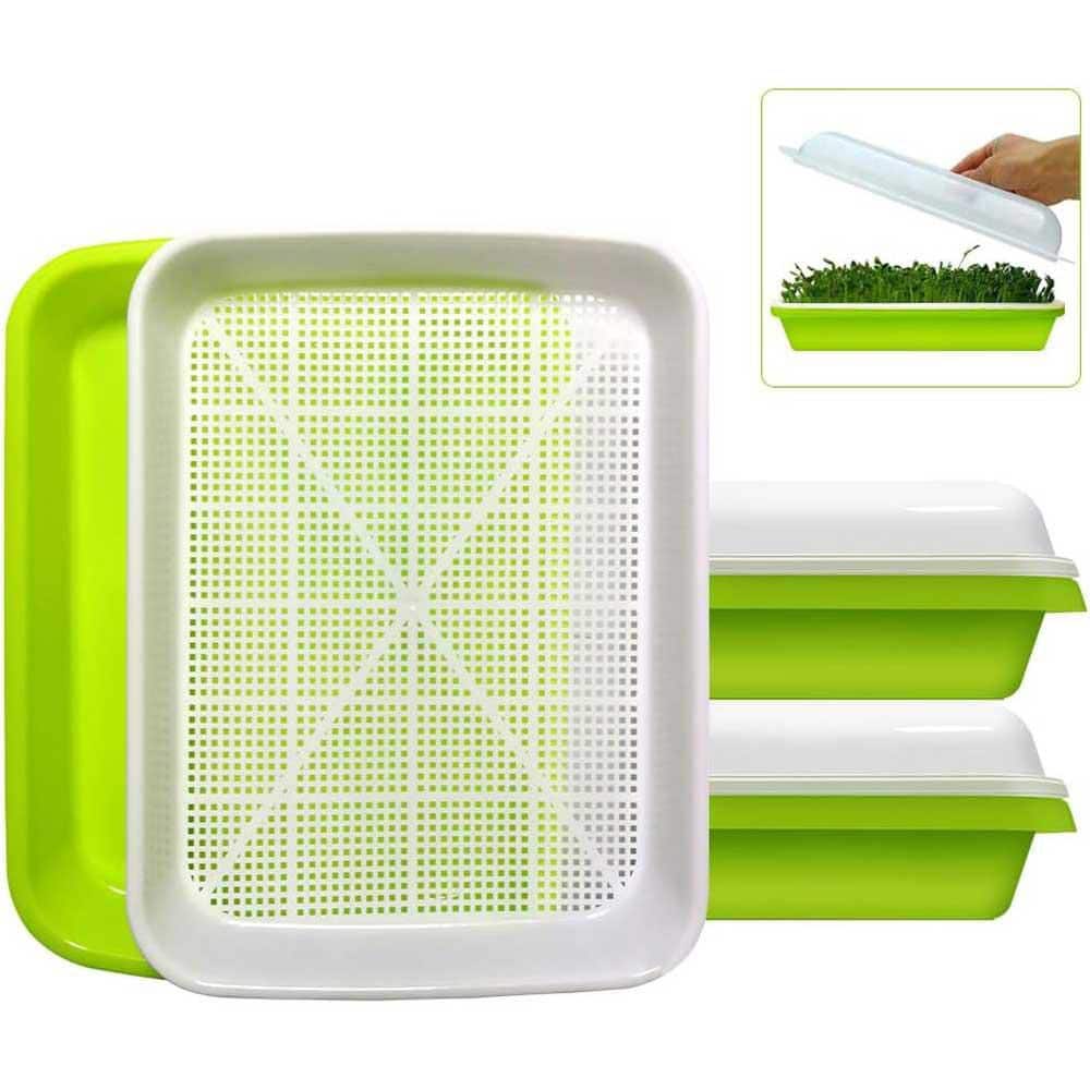 2-Pack Seed Sprouter Tray BPA Free PP Soil-Free Large Capacity Wheatgrass Grower Kit with Lid Green - Hercitys