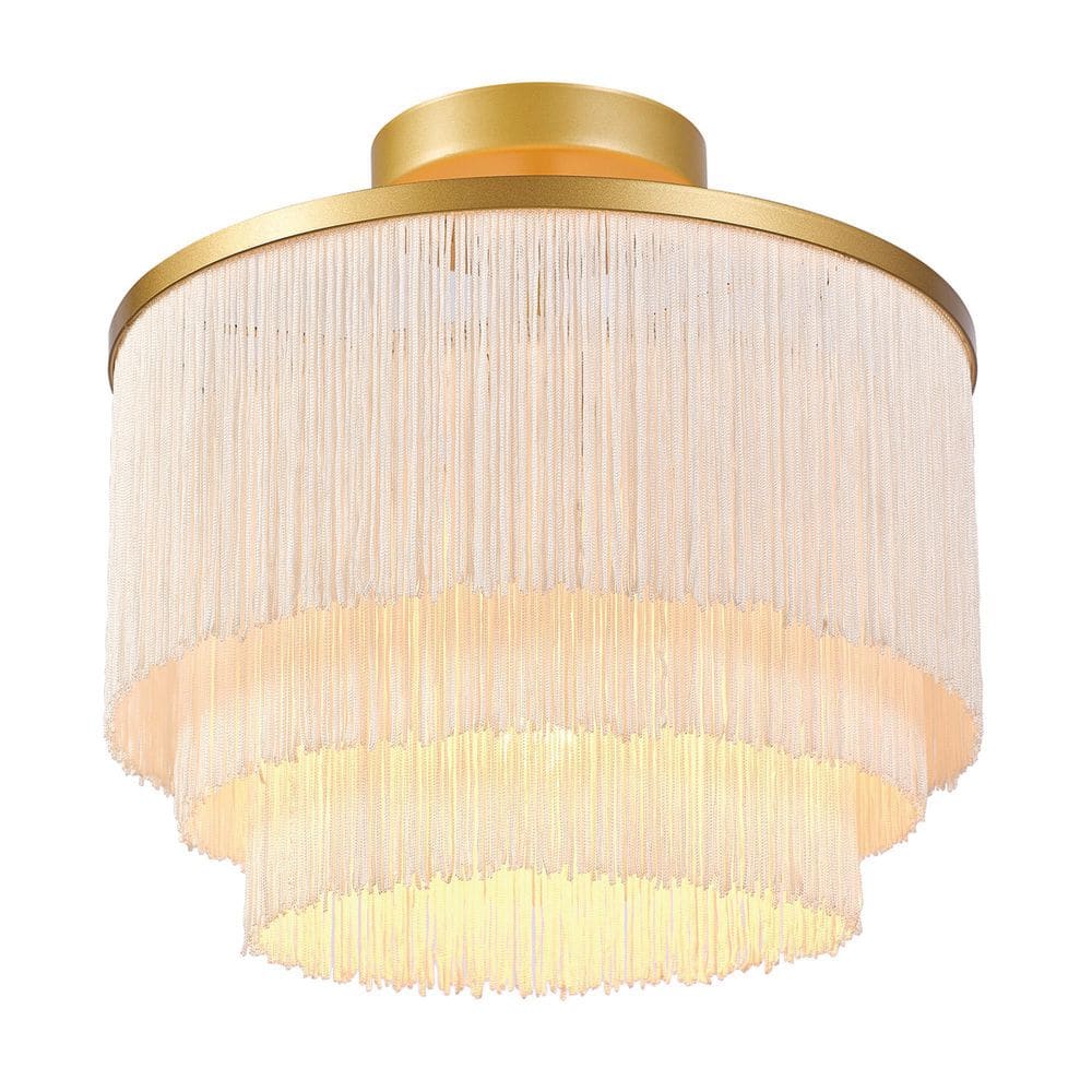 12 in. 1-Light Matte Gold Semi-Flush Mount Ceiling Light with White Fabric Fringe Shade - Hercitys