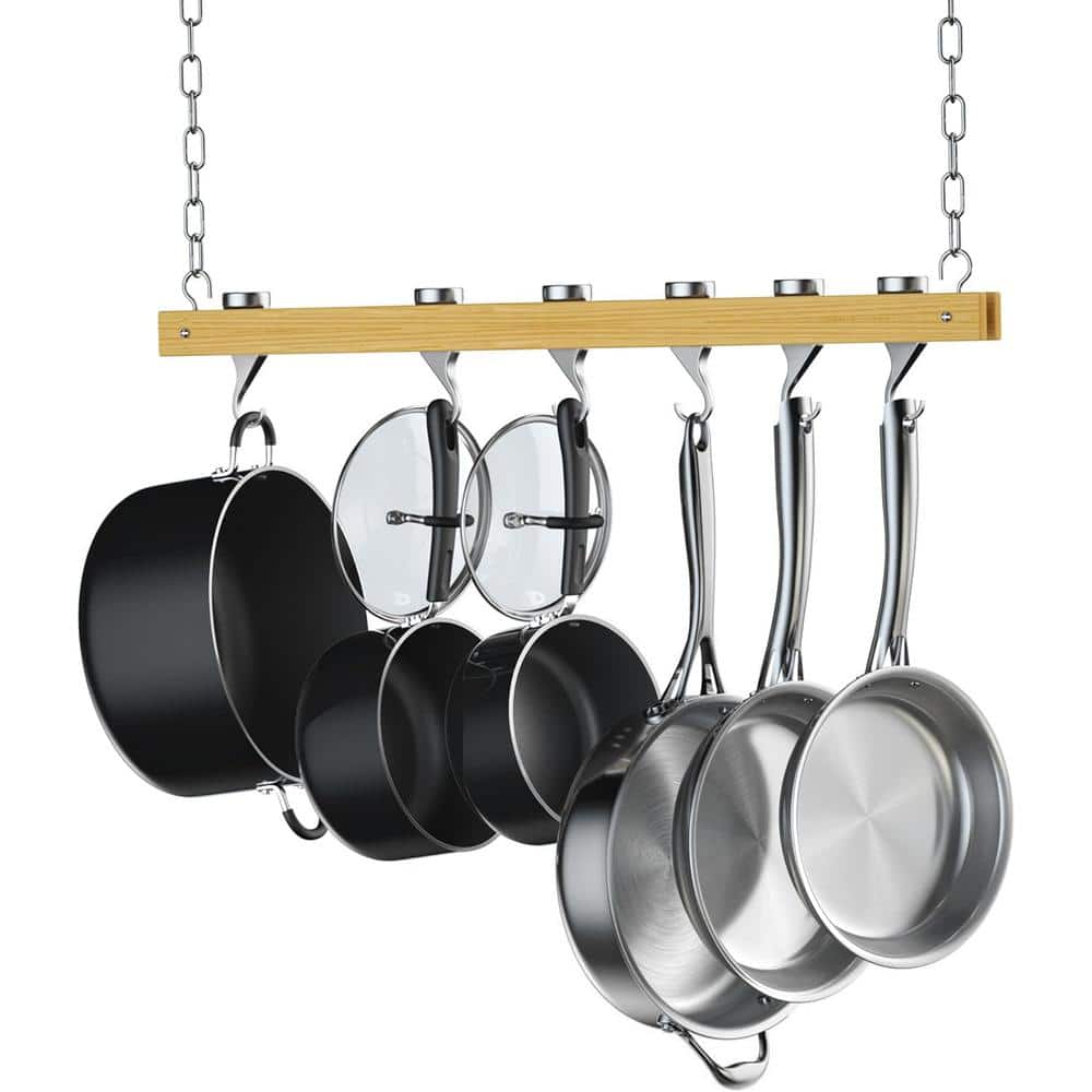 36 in. Single Bar Ceiling Mounted Wooden Pot Rack - Hercitys