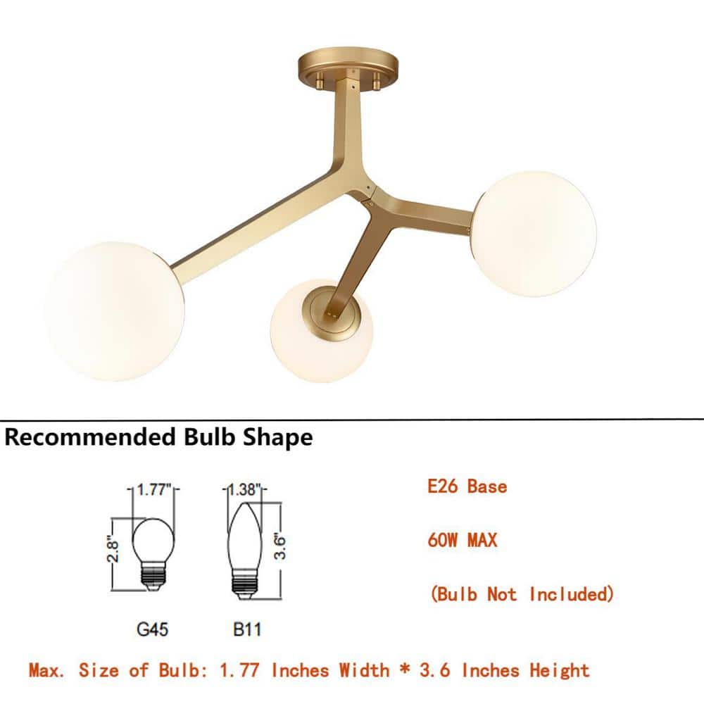 32 in. 3-Light Gold Flush Mount with Frosted Glass Shade and No Bulbs Included 1-Pack - Hercitys
