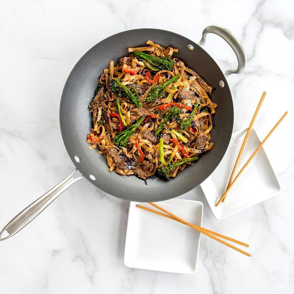 14 in. Aluminized Steel with Nonstick Coating Spun Wok with Stainless Steel Handles Compatible with Induction Stoves - Hercitys