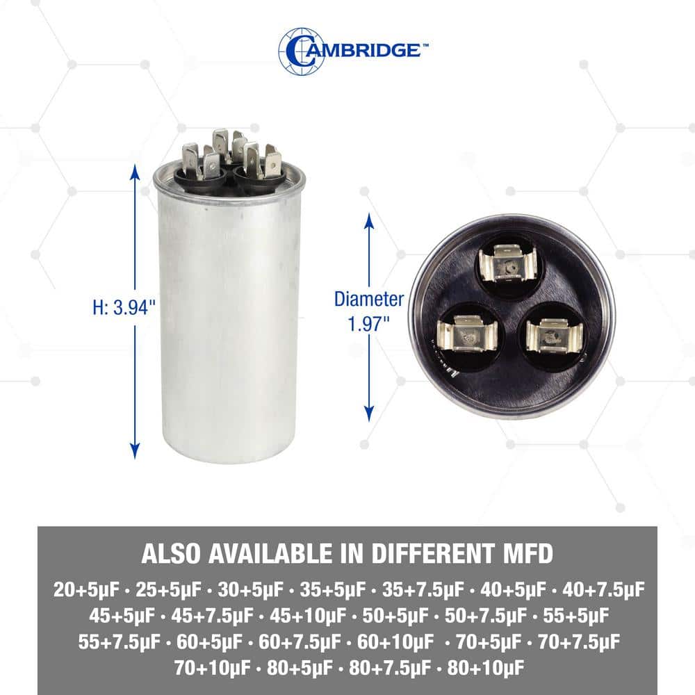 1.97 in. x 1.97 in. x 3.94 in. Aluminum 45 Plus 7.5 MFD, 440-Volt/370-Volt Dual Round Run Capacitor (1-Pack) - Hercitys