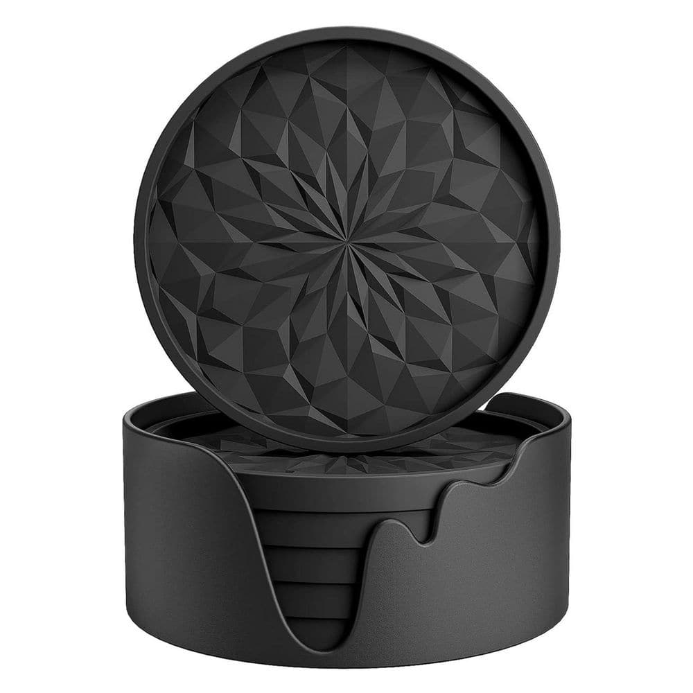 3.9 in. Silicone Coasters with Holder for Hot or Cold Drinks Thickened, Non-Slip, Non-stick, Deep Tray Black (Set of 6) - Hercitys