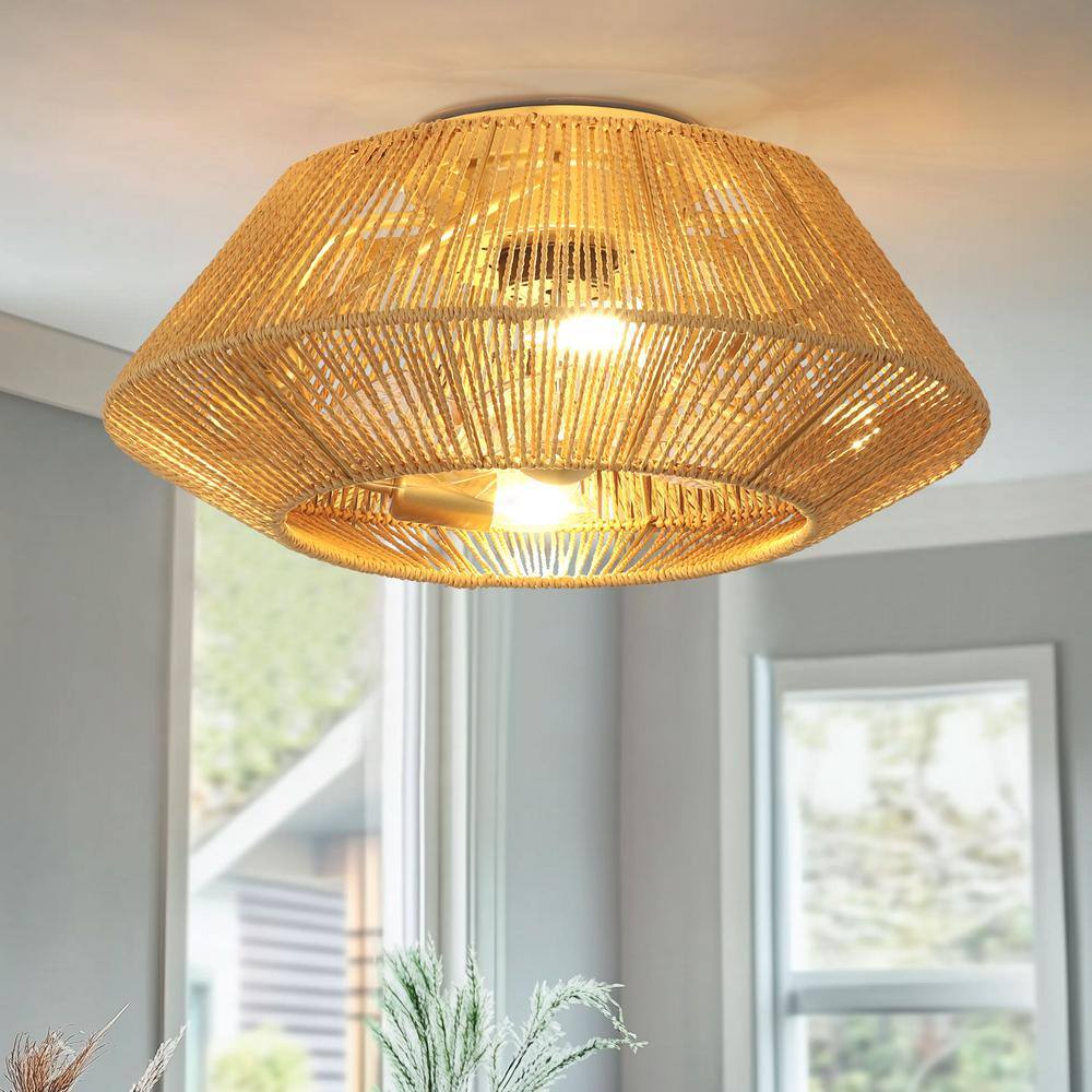 18.5 in. 4-Light Bohemian Antique Gold Drum Semi-Flush Mount with Natural Jute Rope Shade - Hercitys