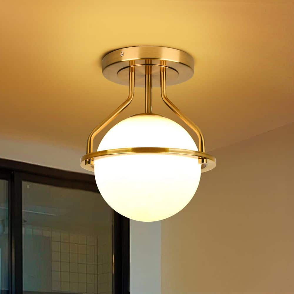 10 in. 1-Light Gold Semi-Flush Mount Ceiling Light Fixture with Milky Glass Globe Shade - Hercitys