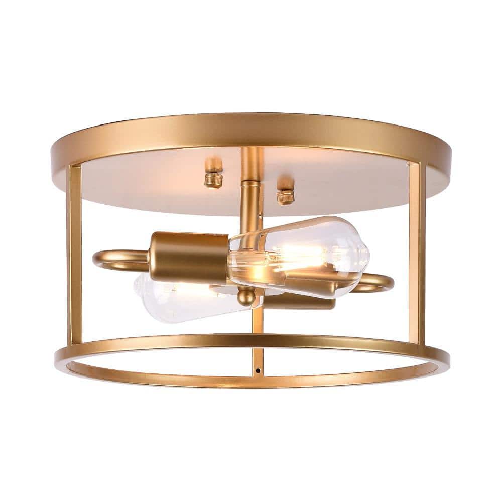 2-Light Gold Farmhouse Round Cage Flush Mount Ceiling Light with No Bulbs Included 12.59 in. - Hercitys
