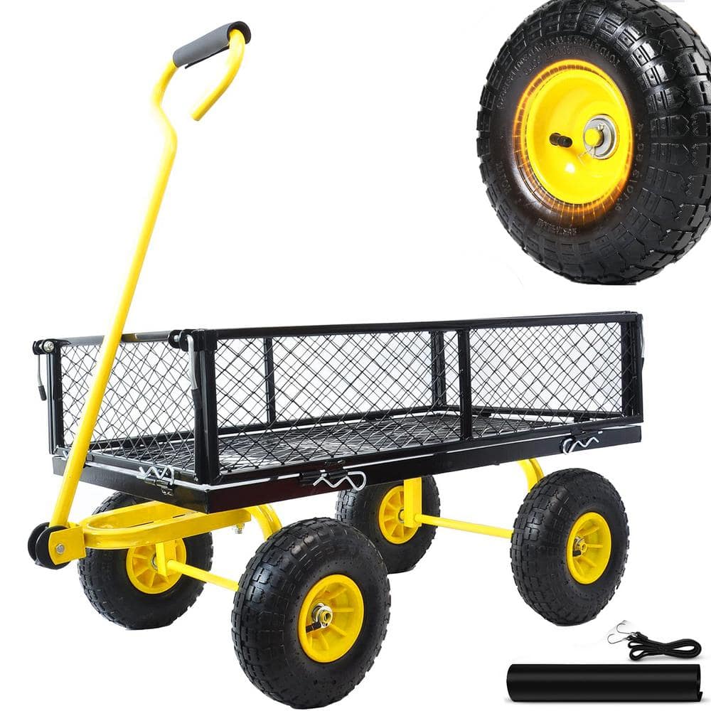 4 cu. ft. Heavy-Duty 900 lbs. Large Capacity Metal Garden Cart Utility Wagon Cart with Removable Side & Rotating Handle - Hercitys