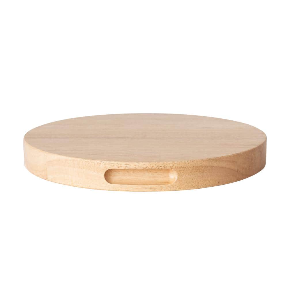 14.76 in. Natural Brown Round Rubberwood Cheese and Cutting Board with Handles - Hercitys