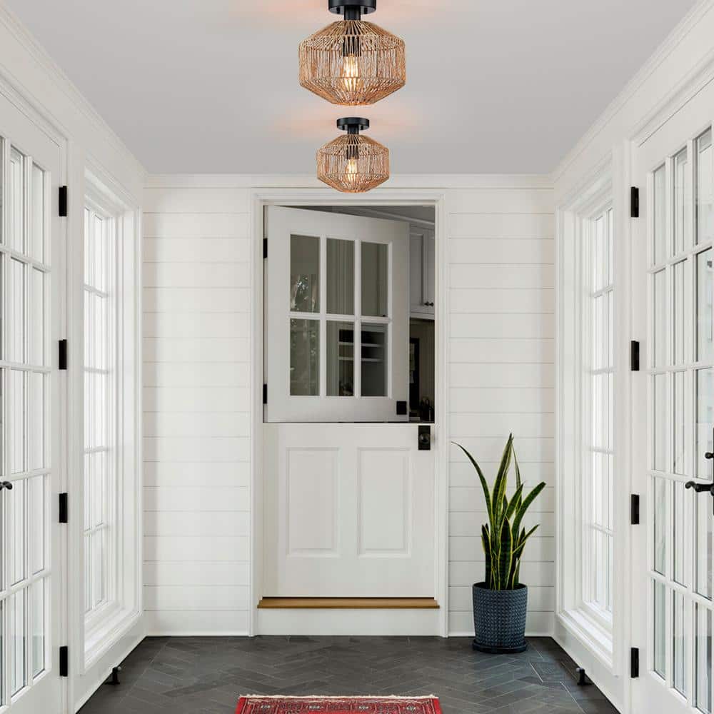 10.2 in. 1-Light Bohemian Natural Jute Rope Semi-Flush Mount Ceiling Light with Black Hardware - Hercitys