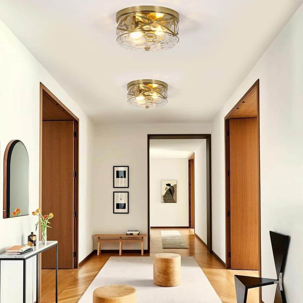 12 in. 2-Light Brass Gold Flush Mount Water Ripple Glass Ceiling Light with Metal Frame - Hercitys