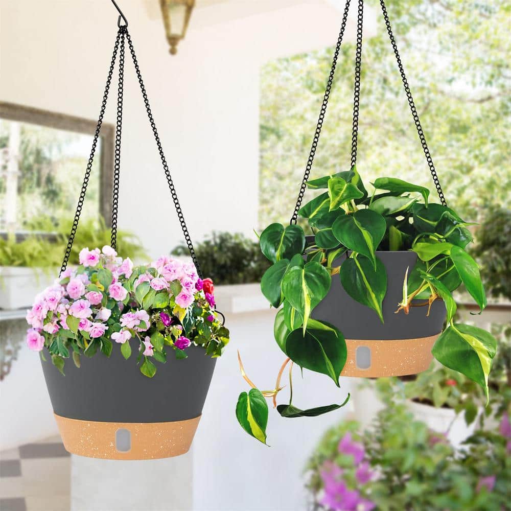 10 in. Dia Drak Gray Plastic Hanging Basket with Visible Water Level (2-Pack) - Hercitys