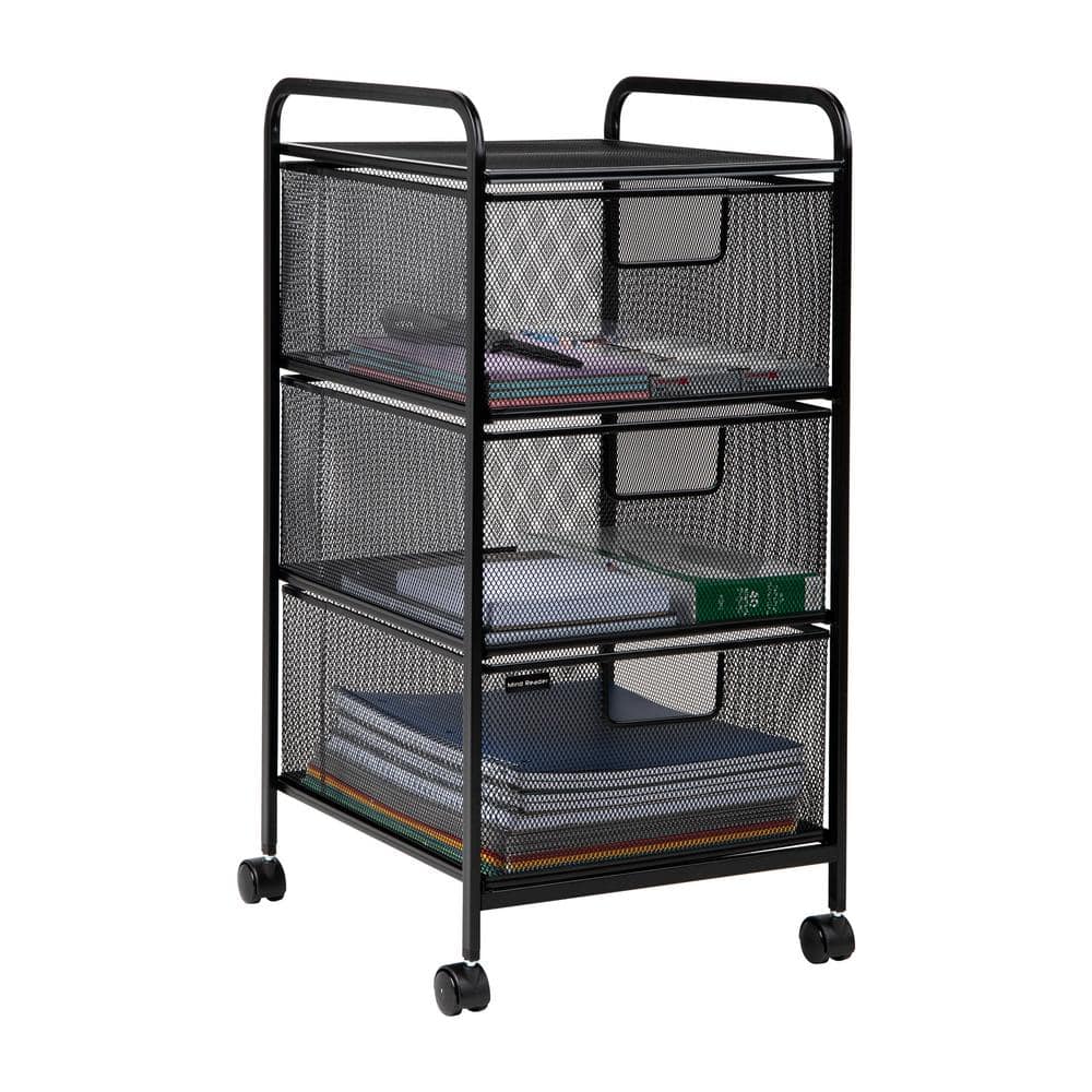 3-Tier Metal 4-Wheeled Rolling Storage Cart with Removable Drawers in Black - Hercitys
