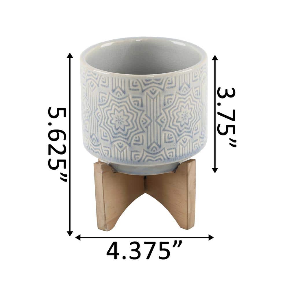 4.25 in. Glass Blue Star Ceramic Plant Pot on Wood Stand Mid-Century Planter - Hercitys