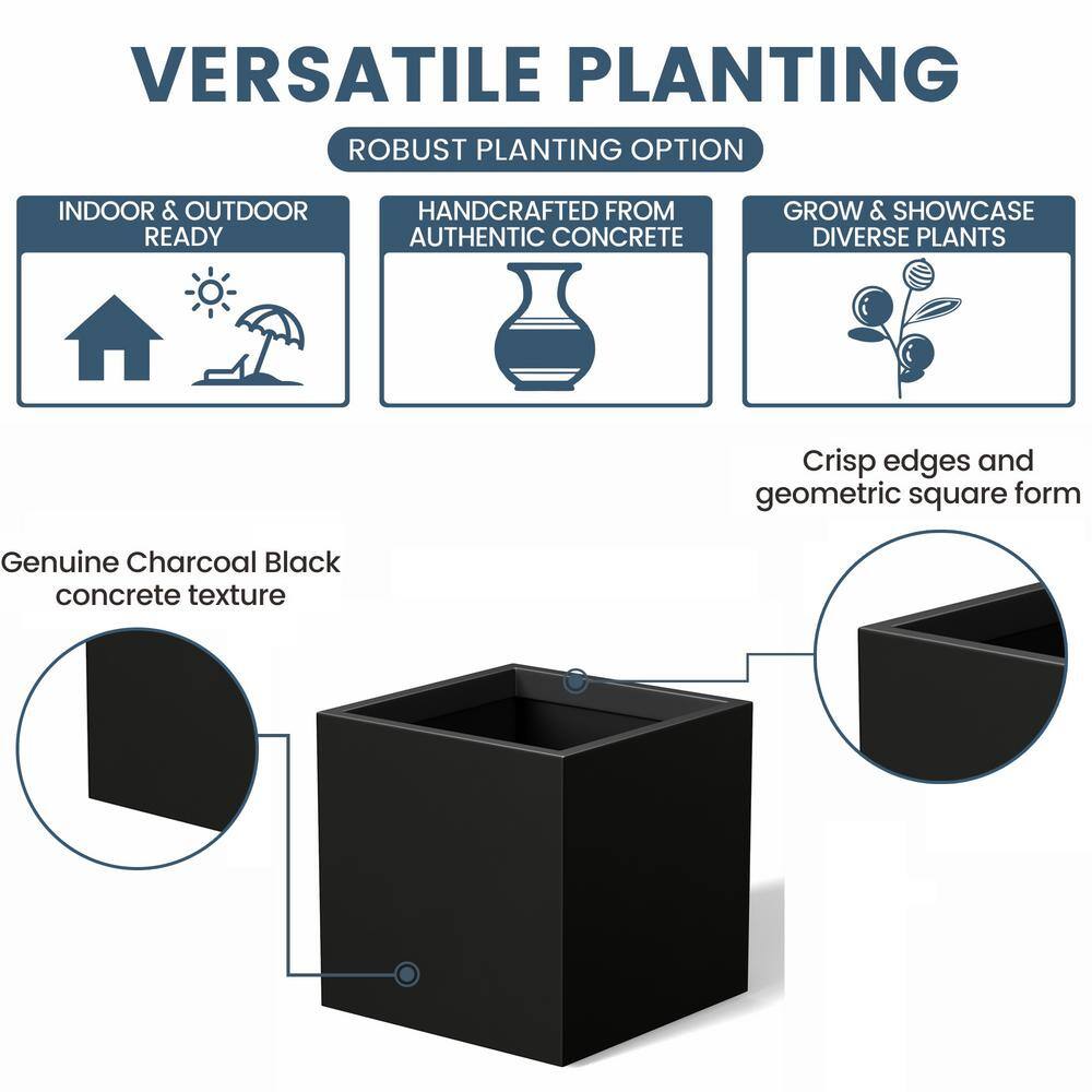 12 in. Medium Charcoal Black Concrete Square planter / Pot with drainage holes - Hercitys