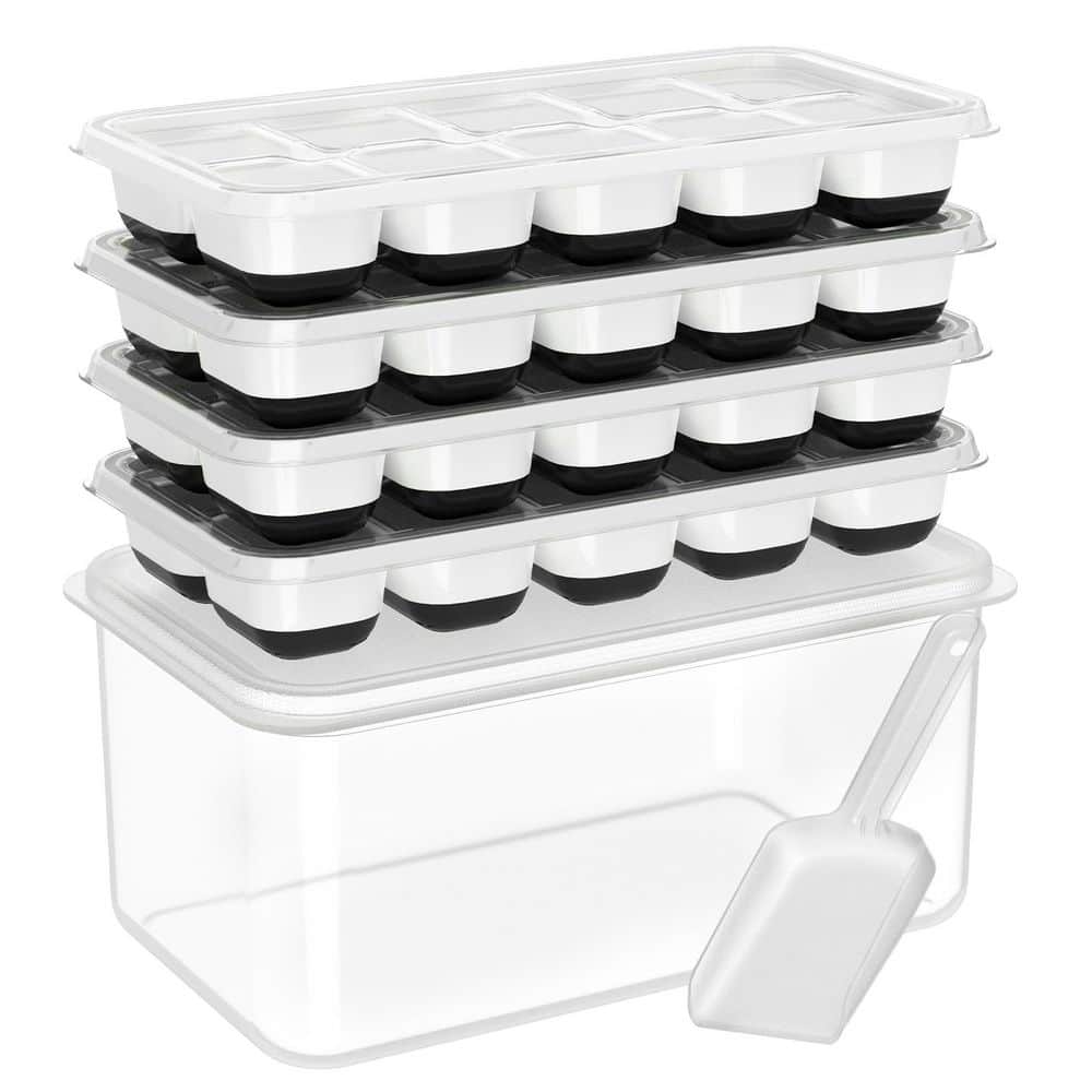 4-Pack Black Stackable Silicone Plastic Ice Cube Tray with Lid, Scoop and Bin for Soup, Food, Cocktail and Coffee - Hercitys