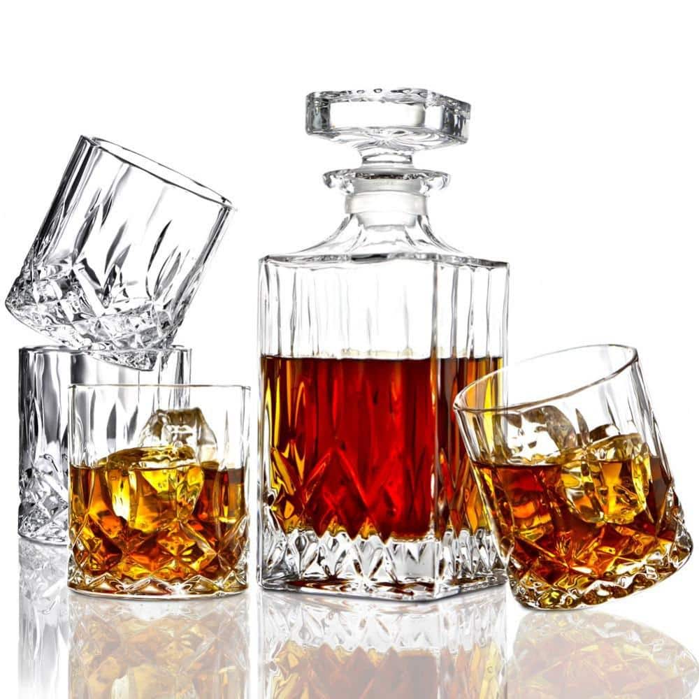 5-Piece Clear Crystal Whiskey Decanter Set with 4-Whiskey Glasses for Men - Hercitys
