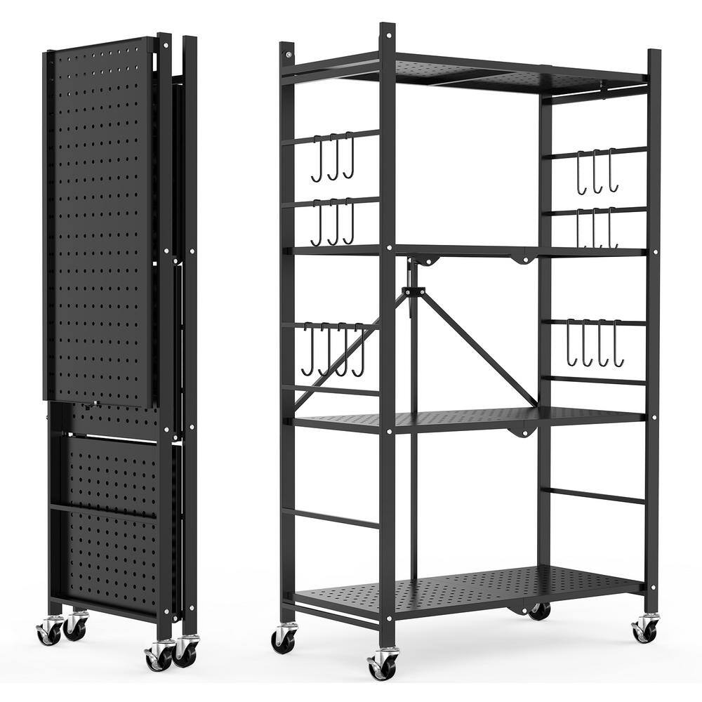 4-Tier Collapsible Storage Shelves Folding Pantry Shelves Wire Shelving in Black with 20-Hooks for Garage Kitchen Room - Hercitys