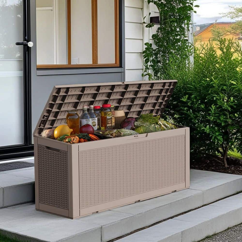 100 Gal. Large Plastic Rattan Deck Box with Gas Pressure Spring in khaki - Hercitys