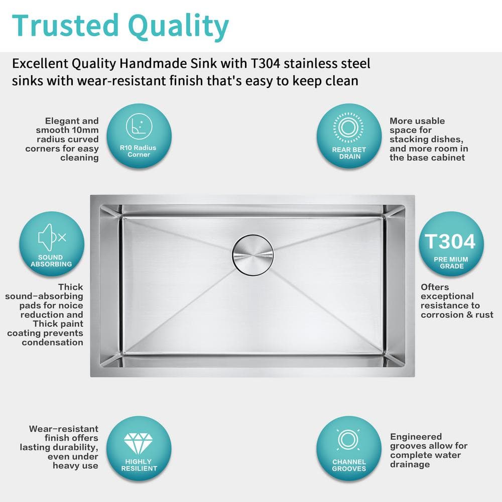 18-Gauge Stainless Steel 32 in. Single Bowl Undermount Kitchen Sink - Hercitys