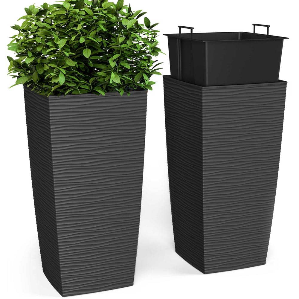 11.5 x 11.5 x 23in. EverGreen Dark Gray, M-Resin, Indoor/Outdoor Planter with Built-In Drainage, 2-Piece Duo Set, Large - Hercitys
